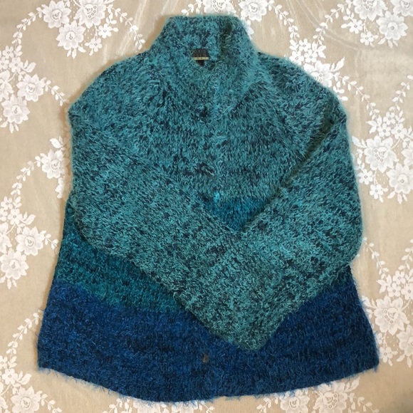 Sigrid Olsen Sport Cardigan Sweater Eyelash Blues & Greens Sz L Raglan Sleeves - Picture 8 of 12